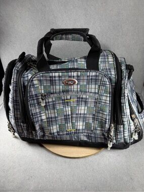 California Pak Green Plaid Multi-Pocket Travel Duffel Bag Weekender Carry-On